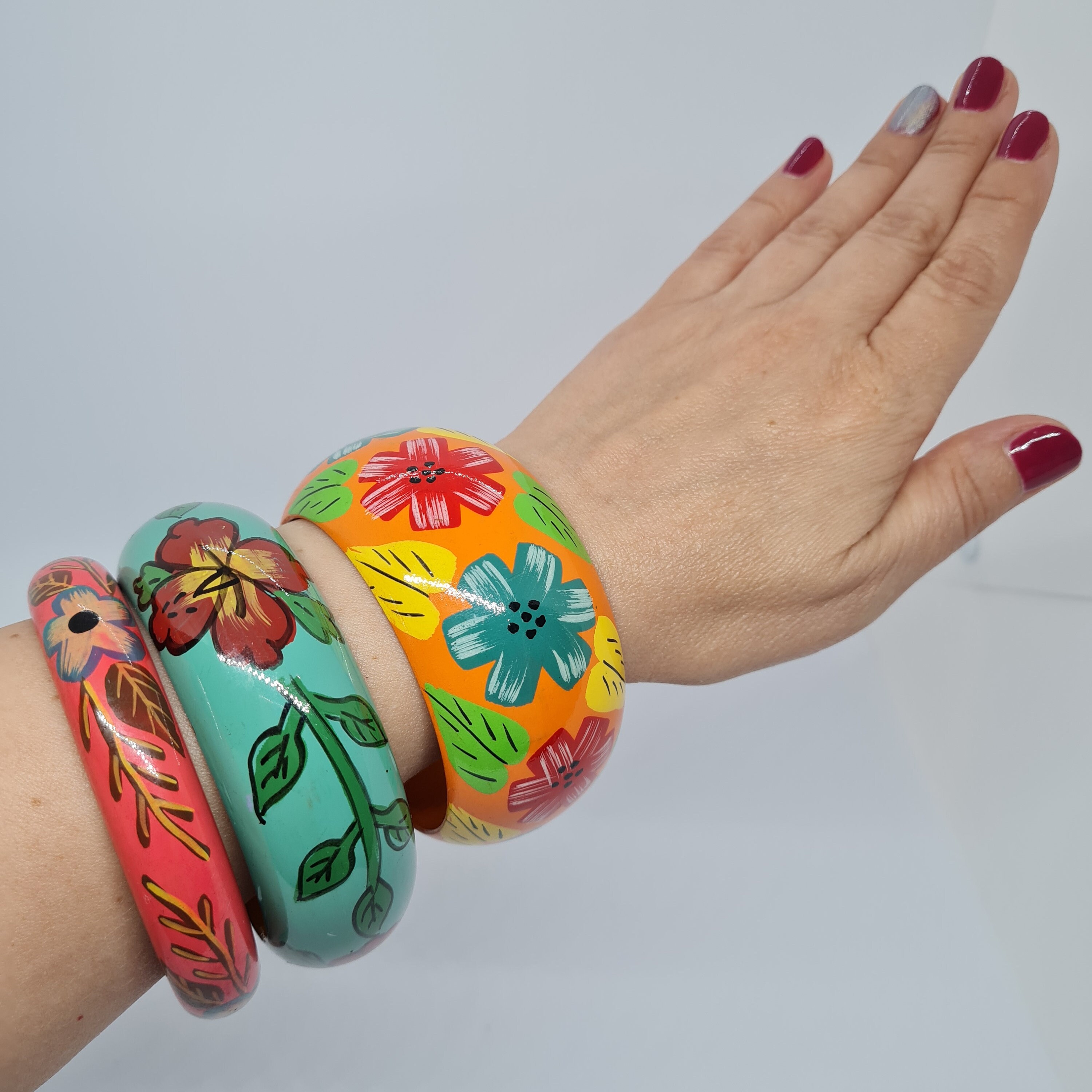 Vintage Wooden Bangle Hand Painted Chunky Bracelet Floral Etsy