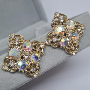 Vintage AB crystals clip-on earrings Gold-tone metal square sparkly 60s ear clips Gift idea for Christmas