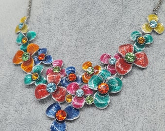 Vintage floral enamel necklace Silver tone chain with colorful enamel links Colorful rhinestone choker necklace