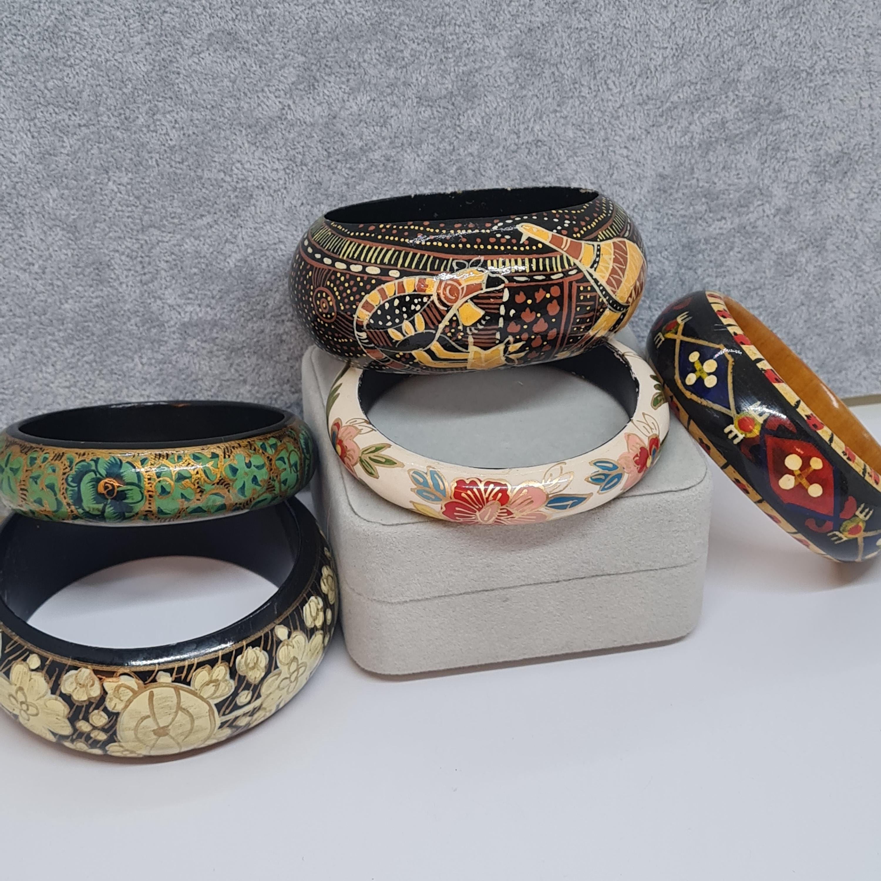Vintage Wooden Hand-painted Chunky Bangle Floral Motif Bracelet - Etsy