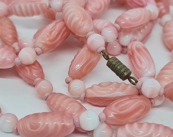 Vintage pink glass beads necklace Pink tone glass beaded long necklace