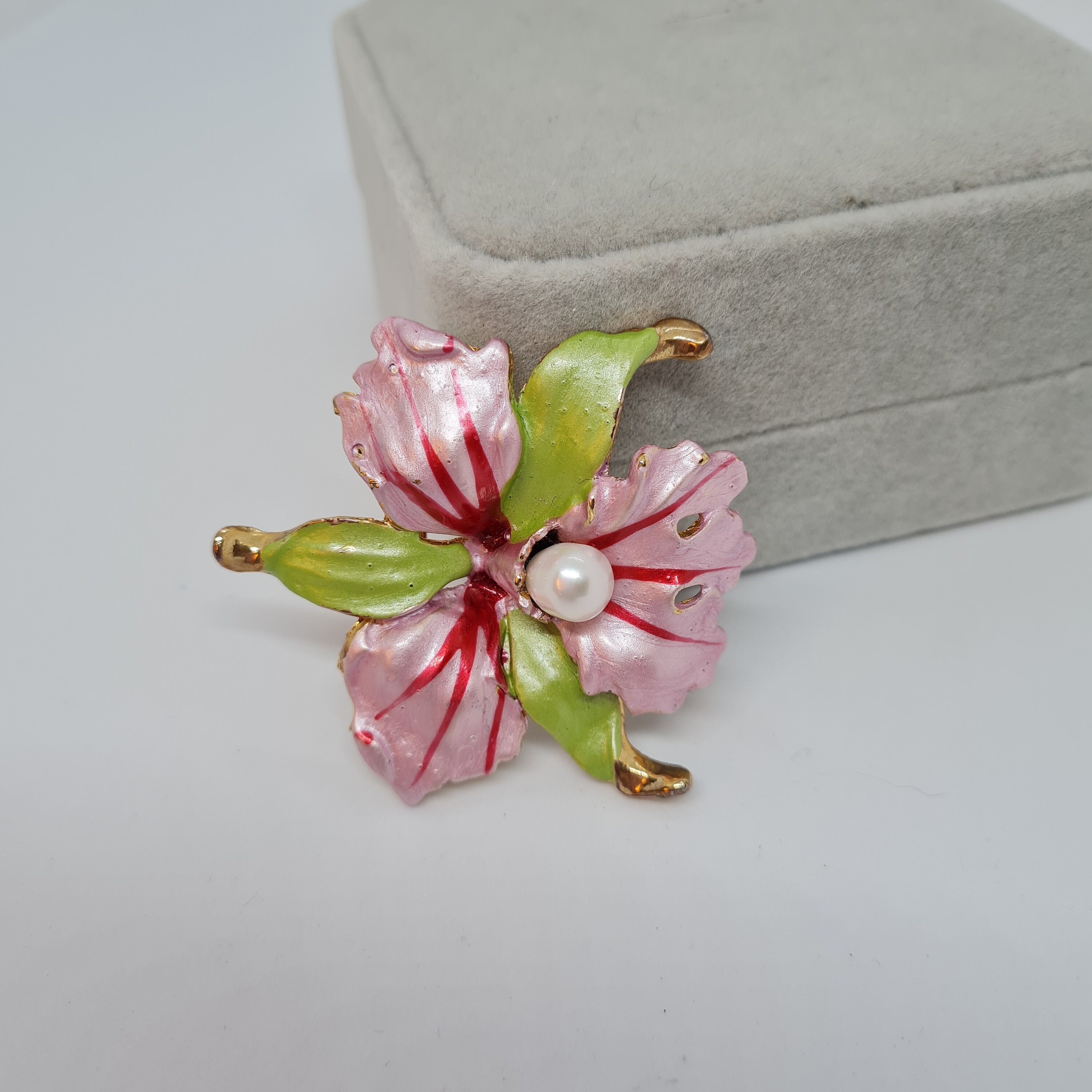 Vintage orchid brooch with freshwater pearl Enamel flower Etsy