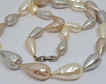 Vintage Faux Pearl Necklace: Beige Irregular Teardrop Beads, 31 Inch