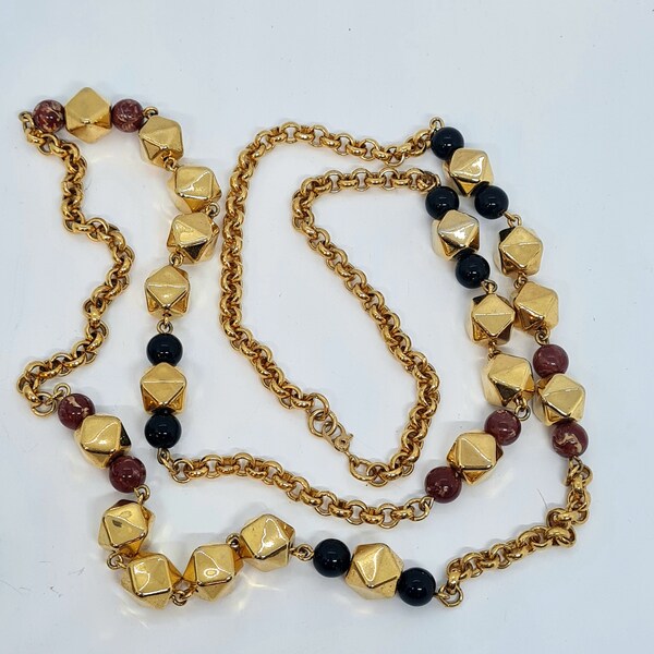 Vintage MONET chain long necklace Gold tone metal rolo chain with plastic black and brown beads