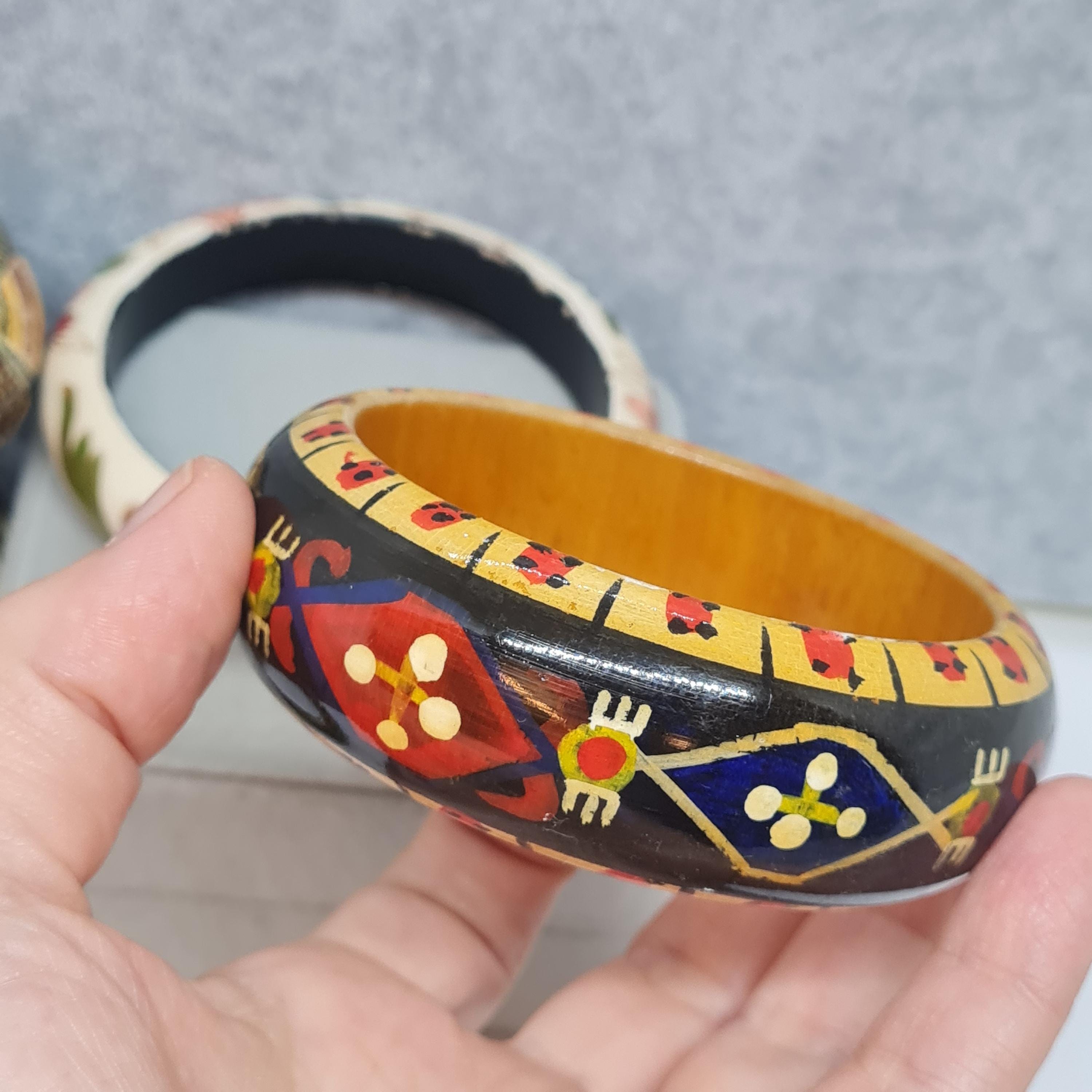 Vintage Wooden Hand-painted Chunky Bangle Floral Motif Bracelet - Etsy