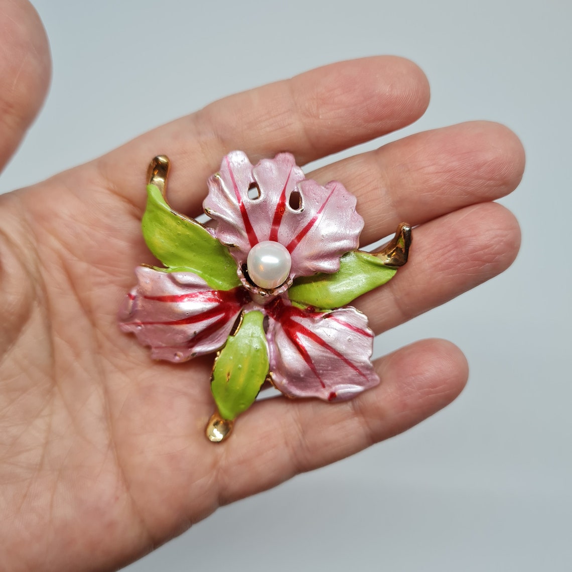 Vintage orchid brooch with freshwater pearl Enamel flower Etsy