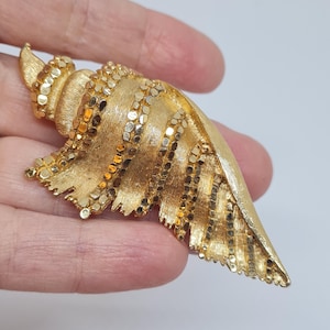 May include: A gold-toned seashell brooch with textured and dotted details. The brooch is in the shape of a conch shell, with a textured surface and a polished finish. The design includes a spiral and a fan-like structure.