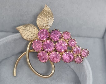 Vintage bunch of grape rhinestone brooch Gold tone floral brooch with pink rhinestones