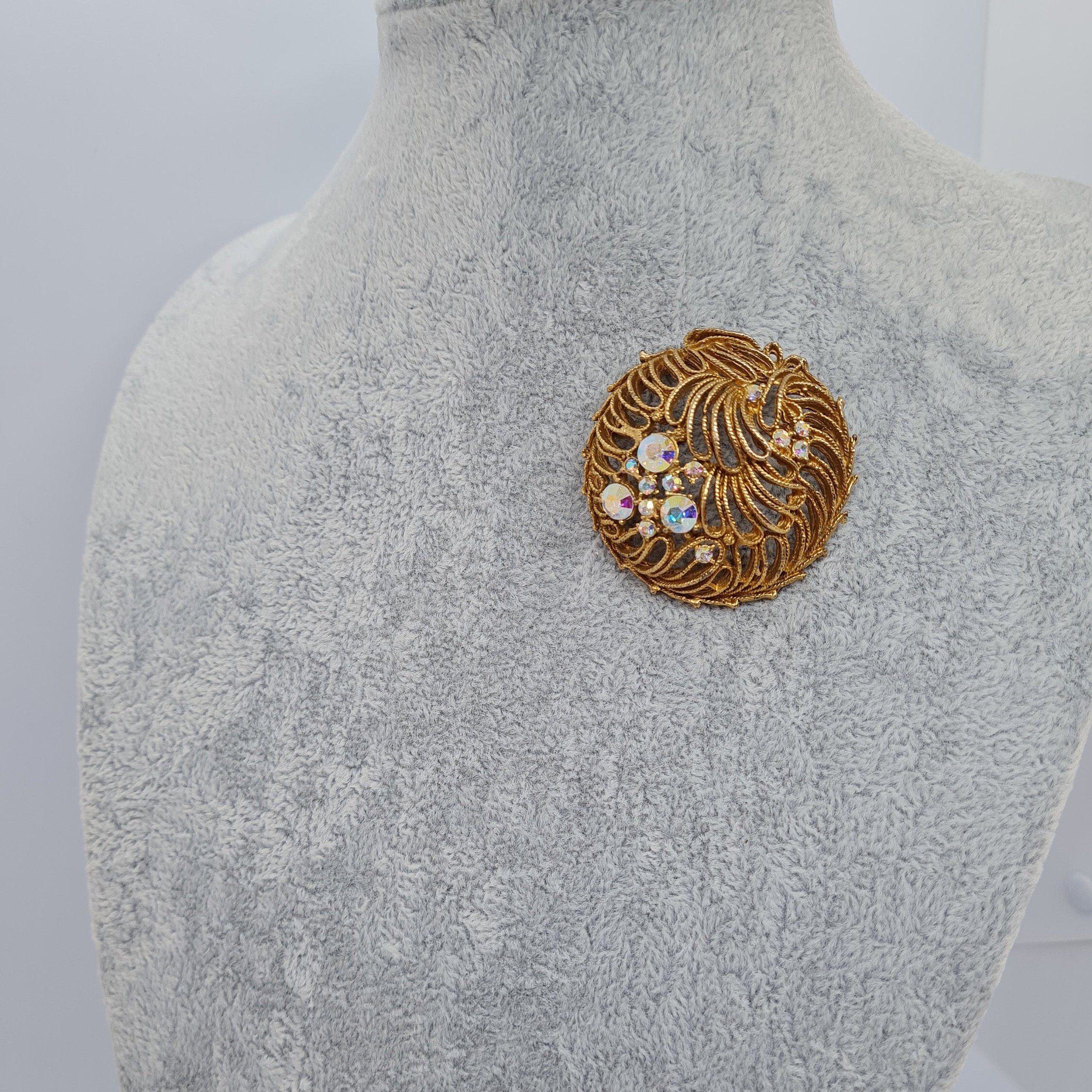 Vintage large gold tone brooch AB crystals circle brooch pin Etsy