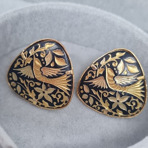 Vintage damascene triangle earrings Gold tone metal with black enamel bird stud earrings