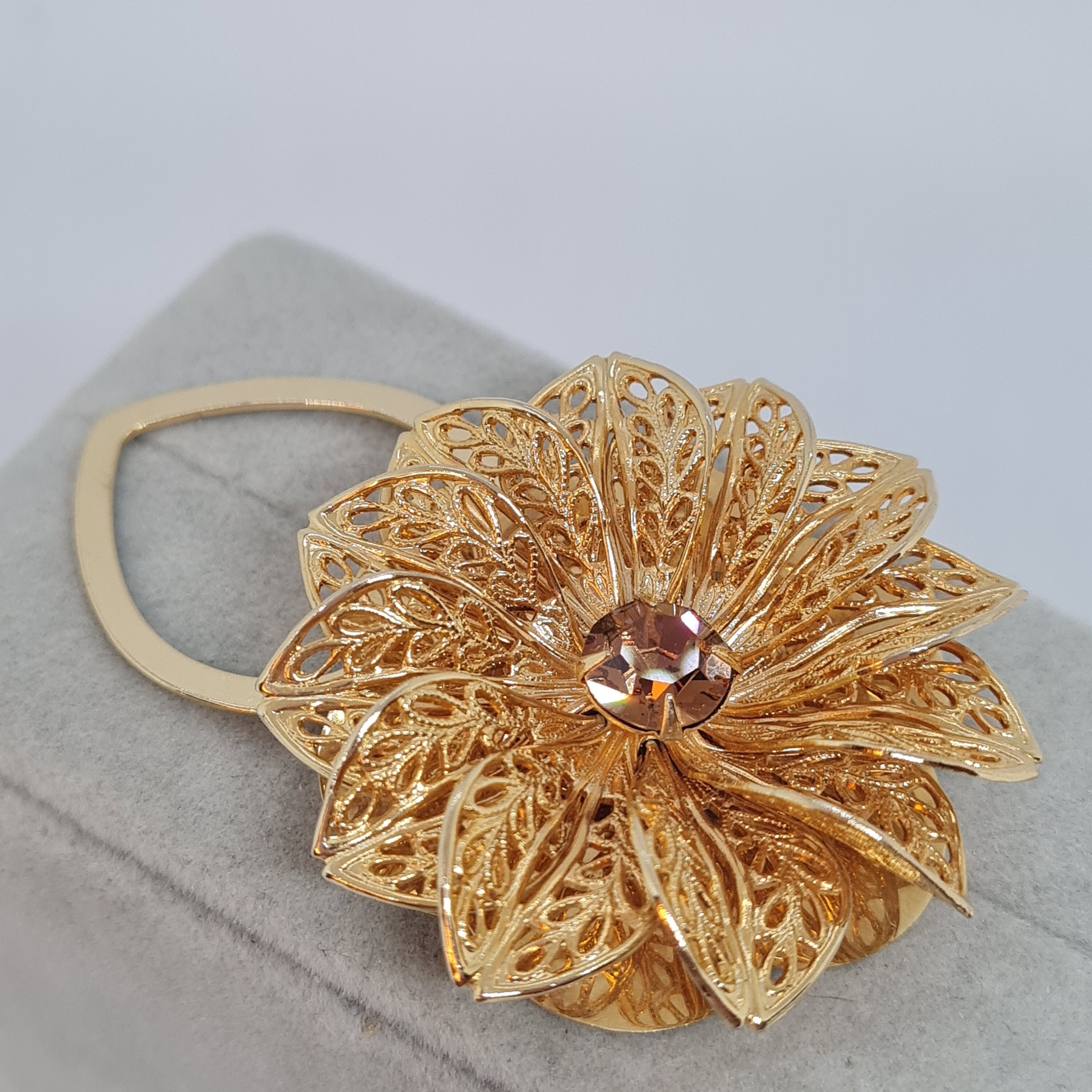 Vintage LIEBA USA Scarf Clip: Gold Tone Filigree Floral with Rhinestone