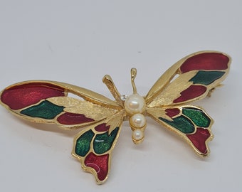 Vintage butterfly brooch pin Gold tone metal with red and green enamel and faux pearls Large enamel butterfly brooch