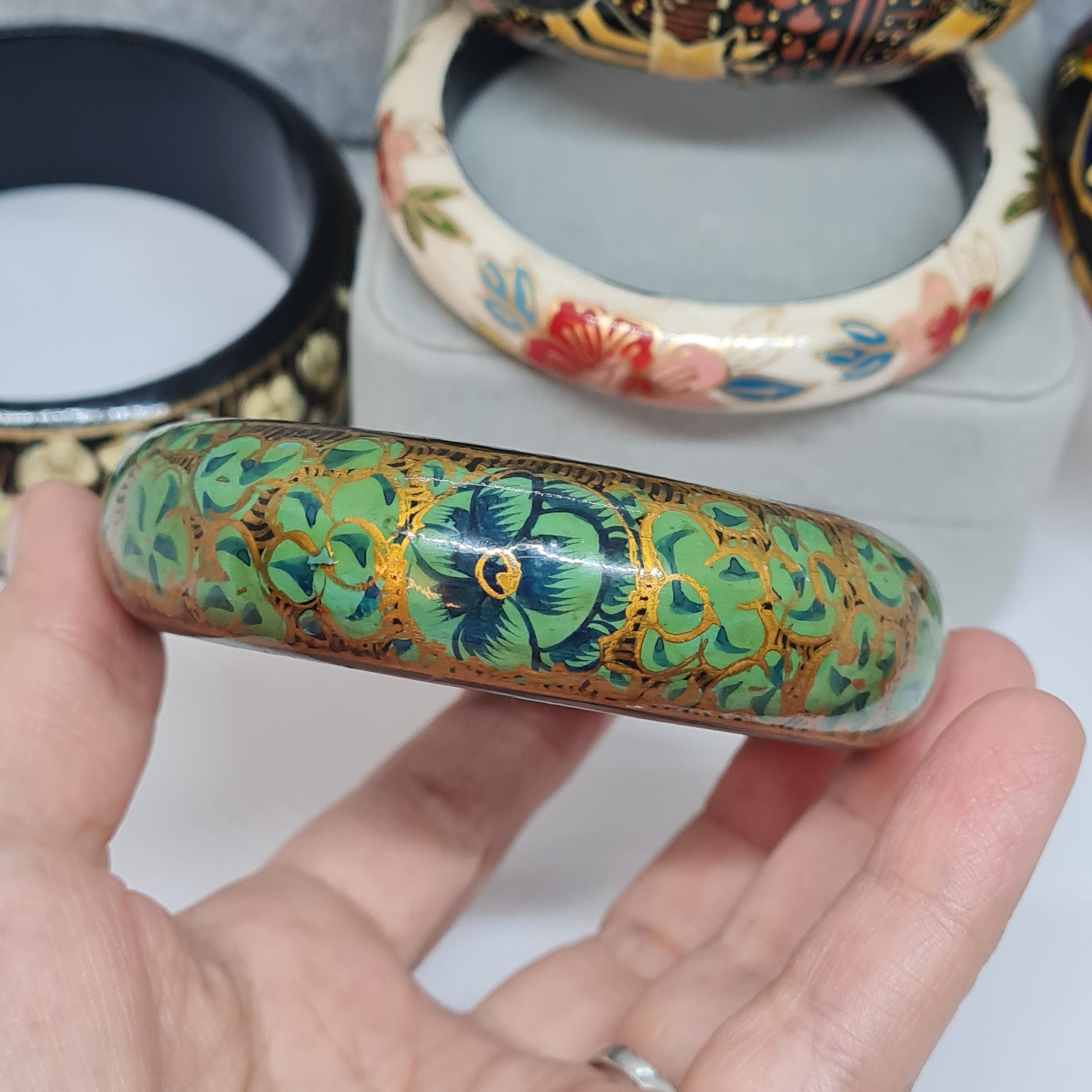 Vintage Wooden Hand-painted Chunky Bangle Floral Motif Bracelet - Etsy