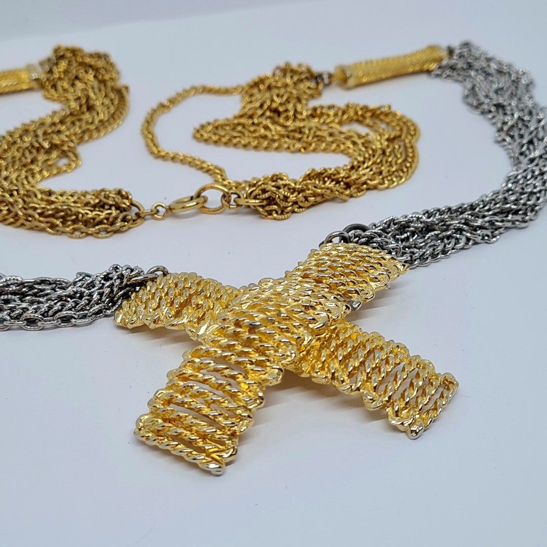 Vintage Chunky Cross Pendant Necklace Two Tone Metal Etsy