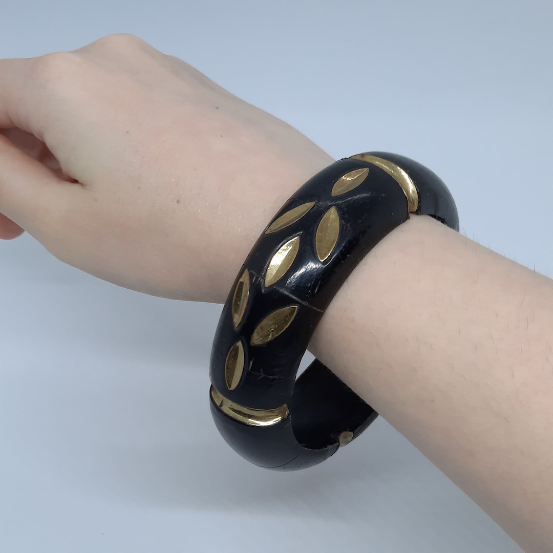 Vintage Wooden Bangle Black Wooden With Brass Inlay Details - Etsy Vintage Wooden Bangle Black Wooden With Brass Inlay Details - Etsy