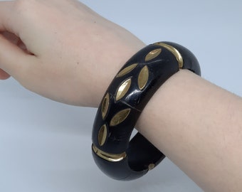 Bracelet Vintage En Bois Noirci Et Laiton Doré - Occasion