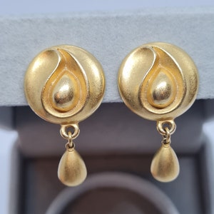 Vintage Donna Karan Clip On Earrings: Gold Tone Teardrop Pendant