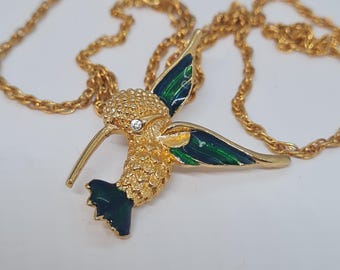 Vintage Hummingbird Pendant Necklace: Gold-Tone Enamel Rhinestone