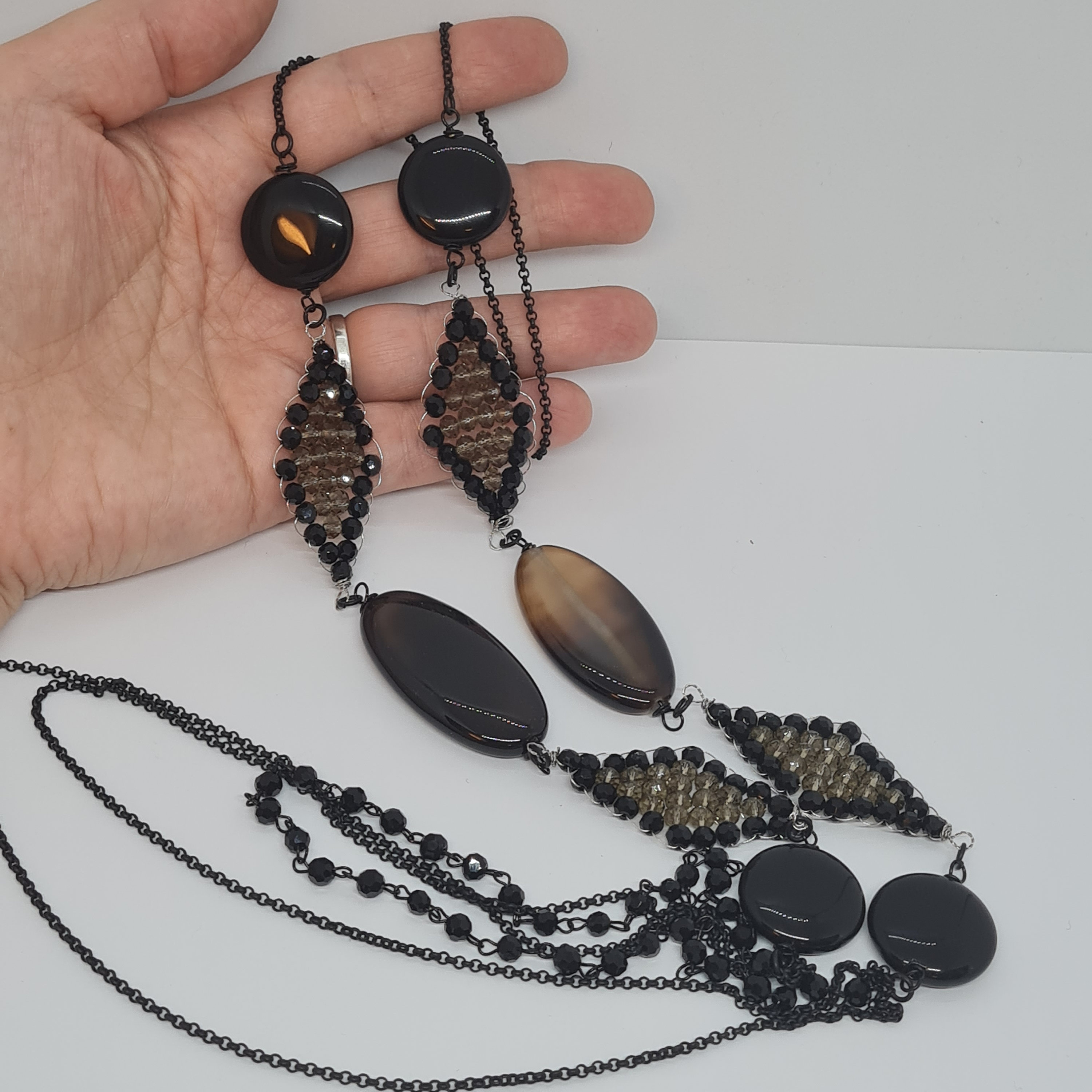 Collier Long Vintage Perles De Verre Style Agate - Occasion Bon état - Longueur Ajustable