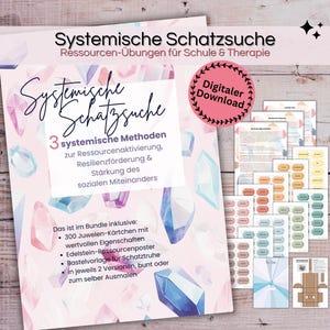 Può includere: Un pacchetto di download digitale intitolato "Systemische Schatzsuche" con risorse per la scuola e la terapia. La copertina presenta un design ad acquerello con illustrazioni di gemme e testo. Include 300 carte gioiello, un poster di pietre preziose e modelli artigianali.