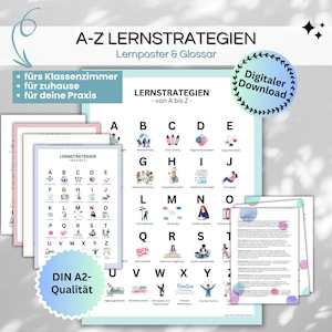 Estrategias de aprendizaje de la A a la Z | Póster de aprendizaje y glosario (PDF, PNG, JPG) | Material de ayuda al aprendizaje, coaching y terapia del aprendizaje para autoimprimir