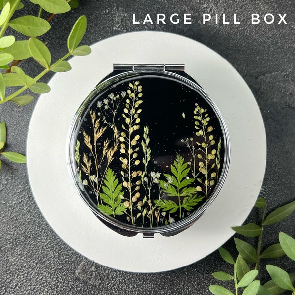 Large pill box, Pill organizer, Metal pill box, Pill case, Pill container, Cute pill box, Pillendose, Pressed flower art, Pill container