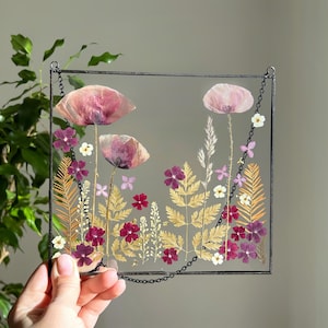 Pressed flower art, Pressed flower frame, Poppy flowers, Botanical wall art, Window hangings, Flowers decor, Wildflower, Flowers suncatcher