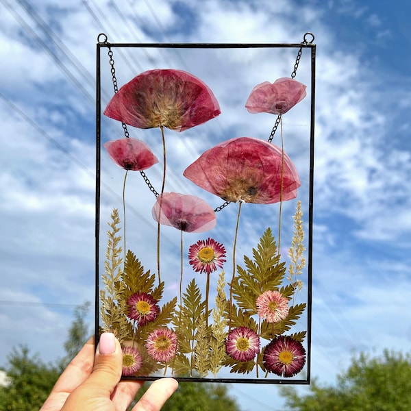 Arte con fiori pressati, veri fiori di papavero, cornice con fiori pressati, fiori secchi, arte botanica da parete, decorazioni per finestre, decorazioni floreali, fiori di campo