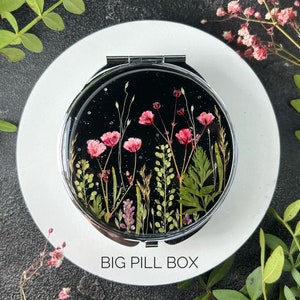 Large pill box, Pill organizer, Metal pill box, Pill case, Pill container, Cute pill box, Pillendose, Pressed flower art, Pill container
