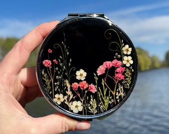 Taschenspiegel mit echten Blumen, Kompaktspiegel, Handspiegel, Schminkspiegel, kleiner Spiegel, individueller Spiegel, gepresste Blumenkunst