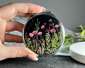 Miroir de poche, Miroir compact, Miroir à main, Miroir de maquillage, Petit miroir, Miroir personnalisé, Fleurs pressées d'art, Véritable miroir de fleurs séchées