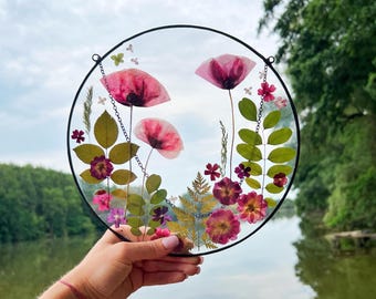 Pressed flower art, Real poppy, Pressed flower frame, Dried flowers, Botanical wall art, Window hangings, Flowers decor, Flowers suncatcher