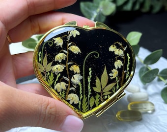 Gold pill box, Real Lilly of the valley pill organizer,  pill box 3 day, Pill case, Pill organizer, Cute pill case