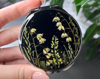 Pocket mirror, Compact mirror, Hand mirror, Makeup mirror, Small mirror, Custom mirror,  Pressed flower art, Real dried flowers mirror