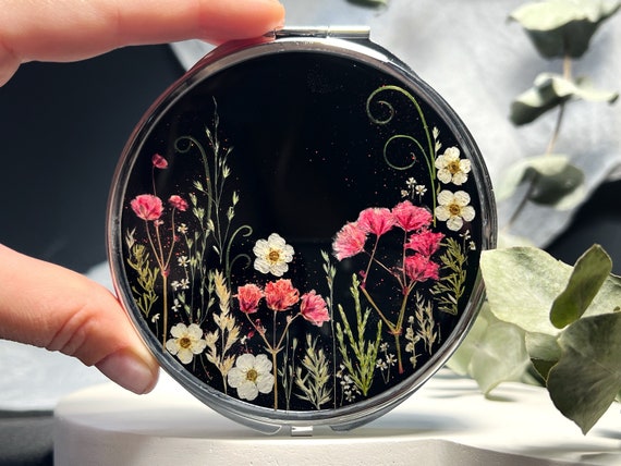 Real Flowers Pocket Mirror, Compact Mirror, Hand Mirror, Makeup