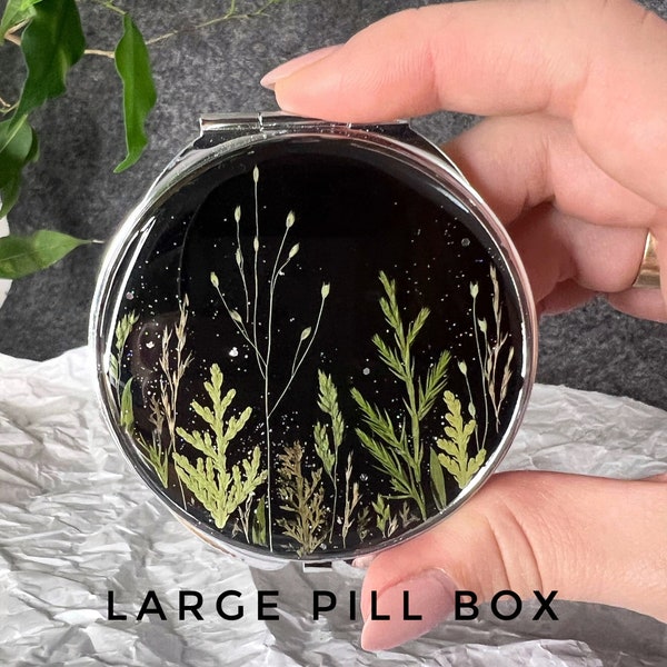 Large pill box, Pill organizer, Metal pill box, Pill case, Pill container, Cute pill box, Pillendose, Pressed flower art, Pill container