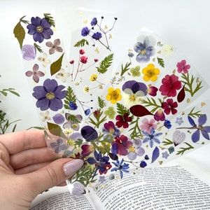 May include: A set of six pressed flower bookmarks. The bookmarks are made of clear plastic and feature a variety of pressed flowers in shades of purple, pink, yellow, and blue. The flowers are arranged in a random pattern on the bookmarks.
