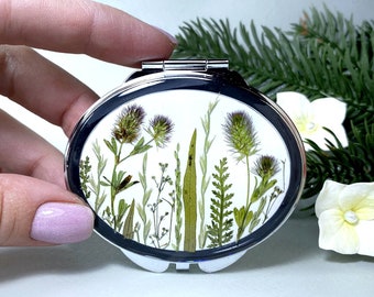 Real dried flowers mirror, Pocket mirror, Compact mirror, Hand mirror, Makeup mirror, Small mirror, Custom compact mirror, Bridesmaid mirror