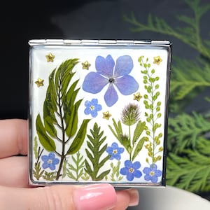Miroir fleurs myosotis, Miroir de poche, Miroir compact, Miroir à main, Miroir de maquillage, Petit miroir, Miroir compact personnalisé
