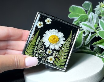 Espejo de flores secas reales, espejo de bolsillo, espejo compacto, espejo de mano, espejo de maquillaje, espejo pequeño, espejo compacto personalizado, espejo de mano