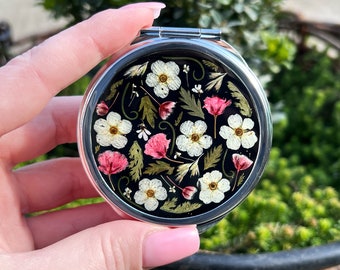 Real flowers pocket mirror, Pocket mirror, Compact mirror, Hand mirror, Makeup mirror, Small mirror, Custom mirror