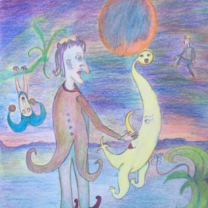 Disegno a matita originale, disegno a matita colorata, arte originale 12,36x9,45 pollici