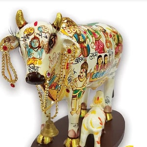 Polyresin Decorative Kamdhenu Cow with Calf having Gods & Goddess sign of Health, Wealth, Diwali gift, Happiness, religious worship etc.