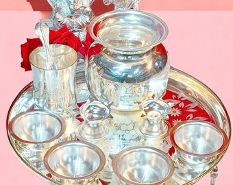 German silver pooja set  plate 11" , bowl , Big kalasha panchpatra with aachmani match box cover diya  bella garbatti stand