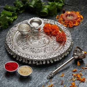 Pure Brass Hammered Design 7 Pieces Dinner Setthali Set of 1 Plate, 1  Glass, 1 Spoon, 1 Small Plate & 3 Bowls Color Gold 