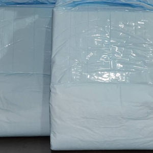 May include: Two packages of blue incontinence pads, wrapped in plastic.