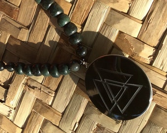 Fire alchemical symbol Trinity engraved obsidian gemstone and jade and obsidian pearl necklace purification, harmony, protection
