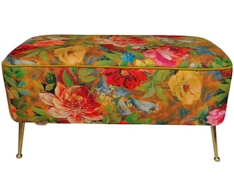 Bench Footstool, Metal Industrial Pouf,With flowers, Patterned fabric, flower footrest, Hall Seat, Fabric Seat Bench, Pouf Ottoman Otomi