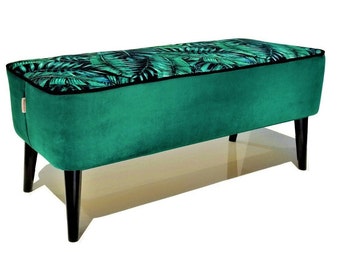 Bench Hallway | Retro Patterned Bench | Metal Bench | Footstool | Upholstered | In green tropical leaves | Pouffe Hallway | Seat Retro