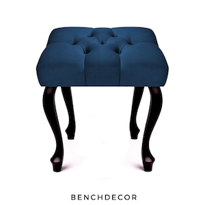 Navy Velvet stool |Chair with buttons |Chesterfield seat |With crystal buttons |Furniture Upholstered |Glamor Hallway Handmade |Piano Bench